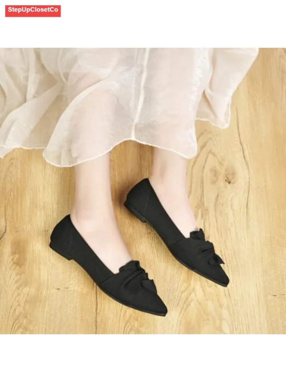 Pointed Toe Ballet Flats with Bow - Comfortable Knit Dressy Flats